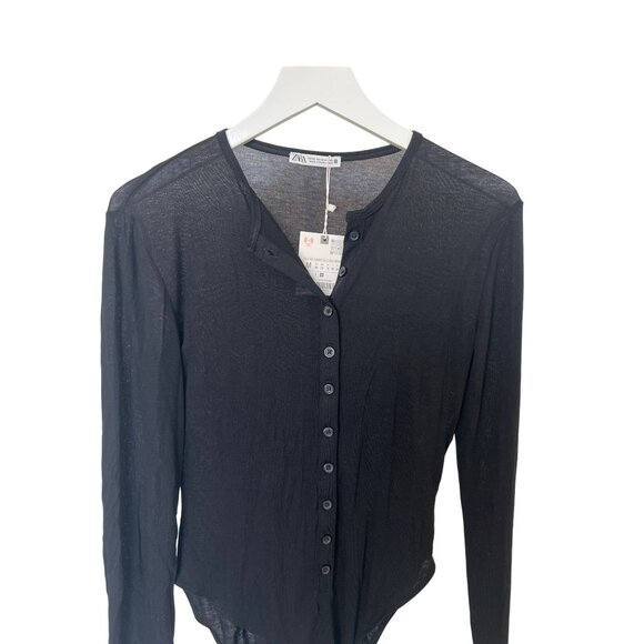 Zara Black Semi Sheer Long Sleeve Bodysuit With Button Front - Picture 3 of 4